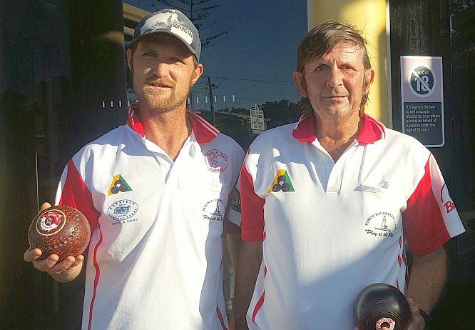 Aaron Richter-Steers, 2016 Byron Bay Bowling Club Champion last Thursday with Peter Lofts. Photo: Syl Reid.
