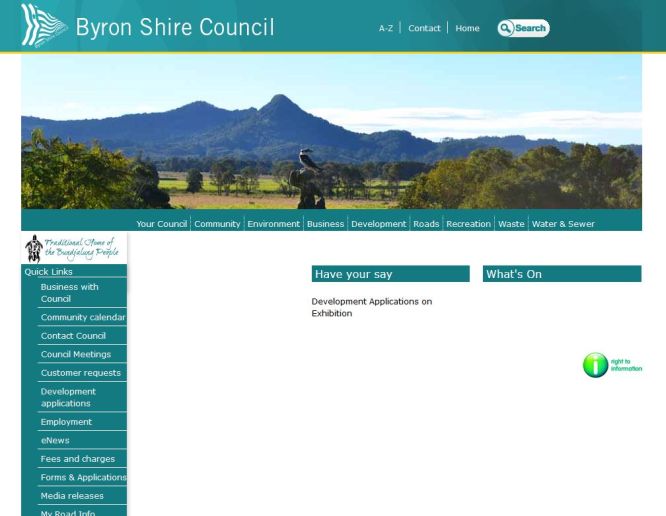 The Home page of Council's website which contains only two headings and a single link.