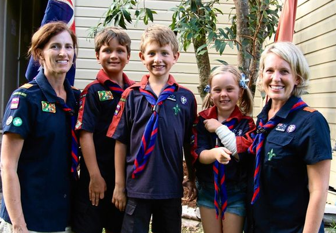 Three Byron Scouts "joeys" with Leaders Helen and Nat. Photo: David Michie.