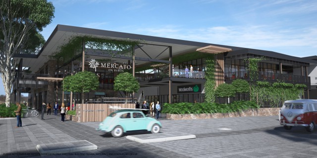 An artist’s impression of the approach to the new Mercato shopping mall in Byron Bay. Developers have  been told to reconsider plans to have 44 truck movements a day during the building phase to remove ‘spoil’.