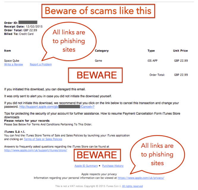 A scam iTunes invoice, just one of hundreds emailed to small businesses every day.