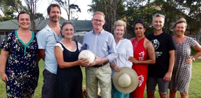 L-R: Sara Ndiaye, Byron Shire Councillor; Duncan Miller, Patsy Brosnan, Vice President of the Suffolk Park Progress Association (SPPA); Ben Franklin, NSW National Party MLC; Charlotte Harrison (SPPA), Delta Kay, Arakwal Spokesperson; Founding member of Suffolk Park Football Club, Paul Scharka; Christine Guinard (SPPA). Photo: SPPA.