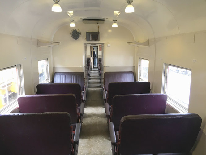 Interior of the fully restored 660 series two-carriage rail motor.