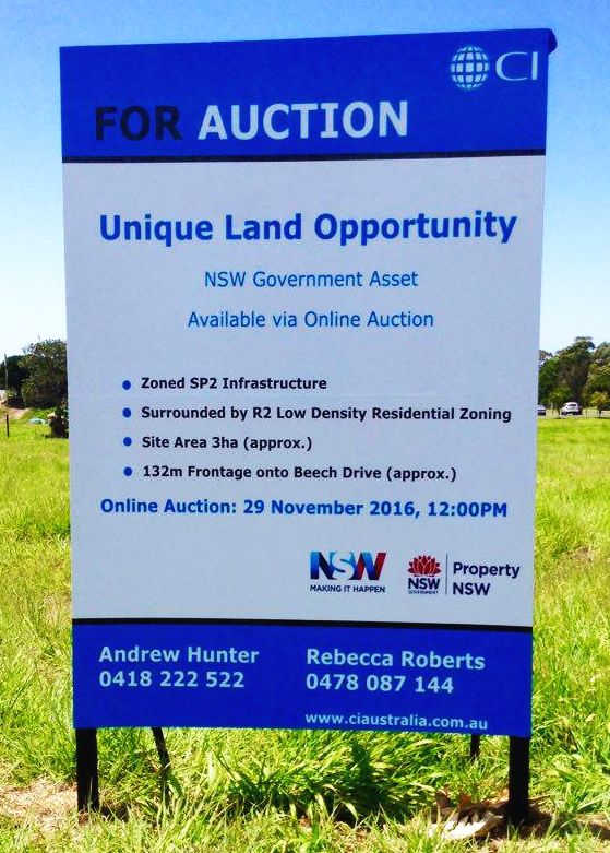Controversial auction sign erected on Suffolk Park community land slated for sale by the NSW Education Department. Locals have reported the sign disappeared the night after it was erected. Photo: Supplied.