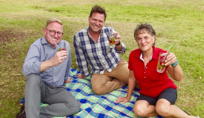 NSW National Party’s MLC Ben Franklin, Byron Shire  Mayor Simon Richardson and Patsy Brosnan, Vice-President of the Suffolk Park Progress Association, enjoy a celebratory Iced Tea – in the park!